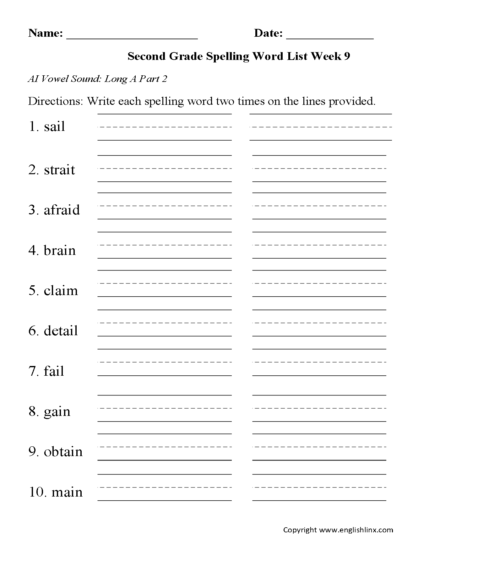 Week 9 AI Vowel 2 Second Grade Spelling Words Worksheets